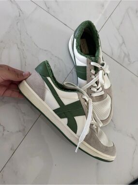 Tory Burch White, Green & Beige Leather Suede Sneakers